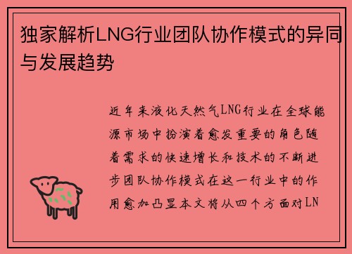 独家解析LNG行业团队协作模式的异同与发展趋势